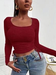 EURMUSE Drawstring Side Scoop Neck Tee - 酒紅色 - 查看 3