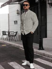 Manfinity CasualCool Áo sơ mi nam tay dài màu xám trơn đa năng thường ngày dành cho nam Áo sơ mi nam thường ngày, mùa thu - Xám - Xem 3