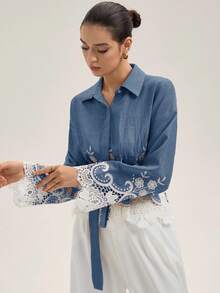 Aveloria Rosie Elegant British Style Waist Cinched Women's Shirt, Hollow Embroidered Hem, Long Sleeve Blouse For Commuting - Blue - View 3