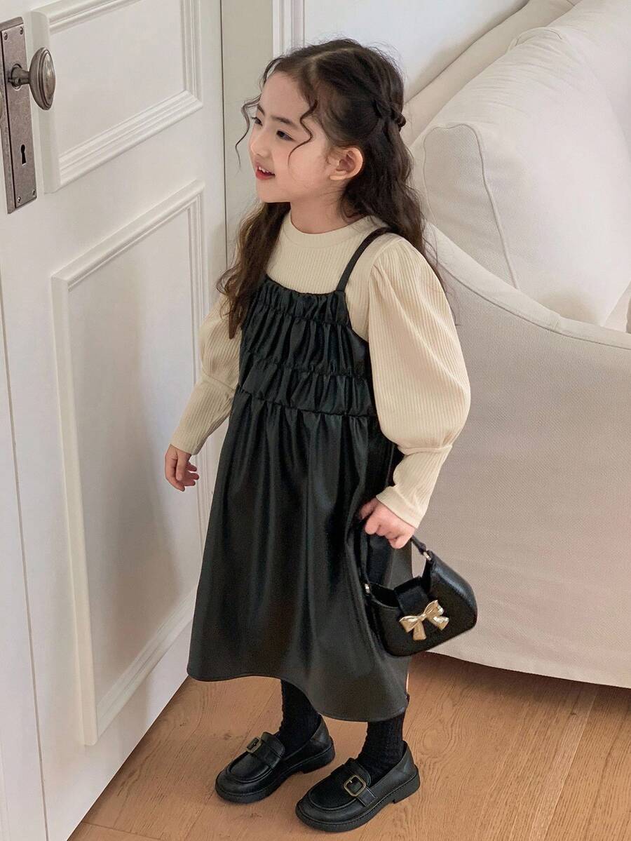 DAZY 2pcs/Set Young Girls Crew Neck Puff Sleeve Knit T-Shirt + Fashionable Dress Outfit, Fall - Black - View 1