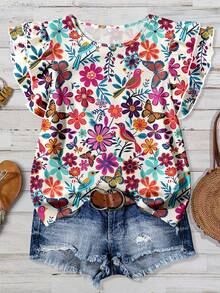 EMERY ROSE 大码女装日常休闲优雅复古度假风热带花卉图案圆领双层小飞袖宽松衬衫，女士夏装，女士度假服装，女士夏装，女士外出上衣