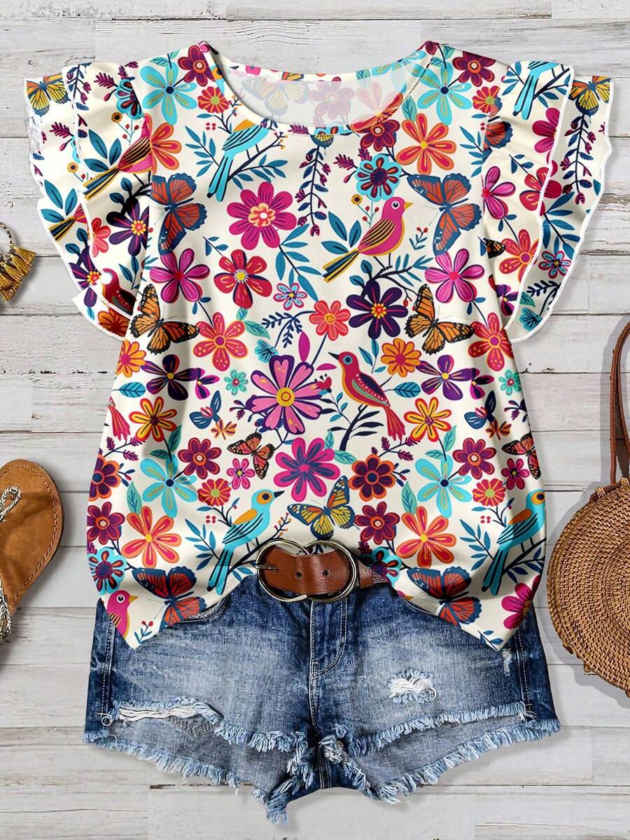 EMERY ROSE 大码女装日常休闲优雅复古度假风热带花卉图案圆领双层小飞袖宽松衬衫，女士夏装，女士度假服装，女士夏装，女士外出上衣