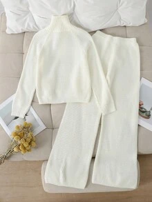 Tween Girl Solid Stand Collar Sweater And Knit Pants Set  Girls Sweater Sets Girl Sweater Pants Set Girl Knit Set Women Sweater Pants Set - Beige - View 2