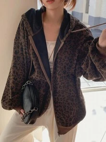 Livesso 女士宽松休闲豹纹拼接卫衣，带保暖内衬，时尚街头风，秋冬外套连帽衫 - 棕色 - 查看 7