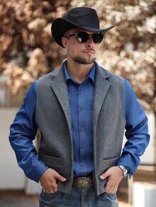 Manfinity Nomadique Men's Western Style Lapel Neck Single-Breasted Casual Woolen Warm Pocket Country Western Vests, Fall - Dark Grey - View 1