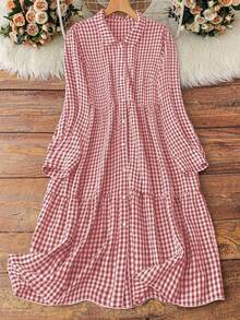 Đầm Maxi Tay Dài Thiết Kế Kẻ Sọc Nút Phía Trước Cỡ Lớn Trang Phục Nữ Thanh Lịch Thường Ngày Đầm Maxi Nữ - Hồng - Xem 1