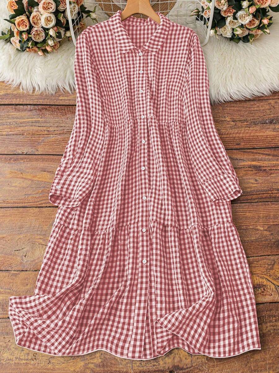 Đầm Maxi Tay Dài Thiết Kế Kẻ Sọc Nút Phía Trước Cỡ Lớn Trang Phục Nữ Thanh Lịch Thường Ngày Đầm Maxi Nữ - Hồng - Xem 1