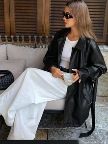 DAZY 女士宽松翻领系带常规休闲PU皮夹克，街头风秋冬女装外套