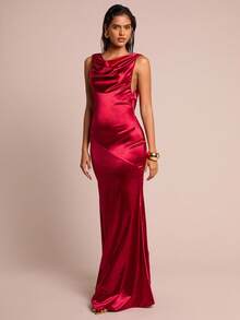 Glamine 女式红色缎面低胸露背系带连衣裙，优雅派对性感连衣裙，女式红色连衣裙 - 酒紅色 - 查看 6