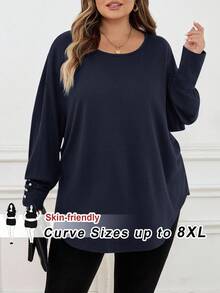 SHEIN CURVE+ Plus Size Women Green Loose T-Shirt, Autumnfall Clothes For Women,Winter,CURVE PLUS - Navy Blue - View 10