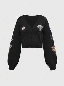 Áo len cardigan dệt kim họa tiết mặt trời, mặt trăng, ngôi sao, đầu lâu Hippie thêu cỡ lớn màu tối - màu đen - Xem 3
