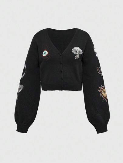 Hippie Plus Size Dark Hippie Embroidered Mysterious Occult Eye Sun Moon Star Skull Knit Cardigan