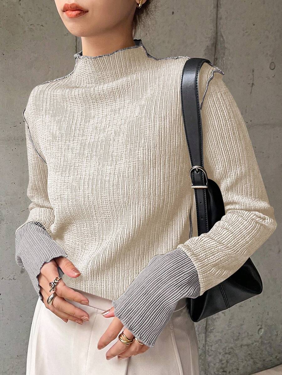 FRIFUL 女士纯色拼接立领长袖休闲 T 恤