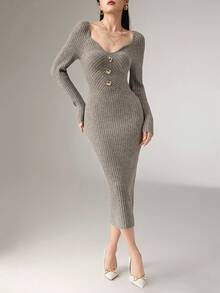 Heiryn Women's Elegant Metal Buckle Sweater Dress,Gray Autumn Office Knit Dresses,Ribbed Button Dress,Winter - Grey - View 2