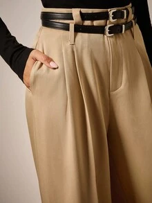 COSMINA Wide Leg Pants Women Solid Color Minimalist Casual Suit Pants,Khaki Color-Block Double Belt Pants Autumn Winter Clothes For Women