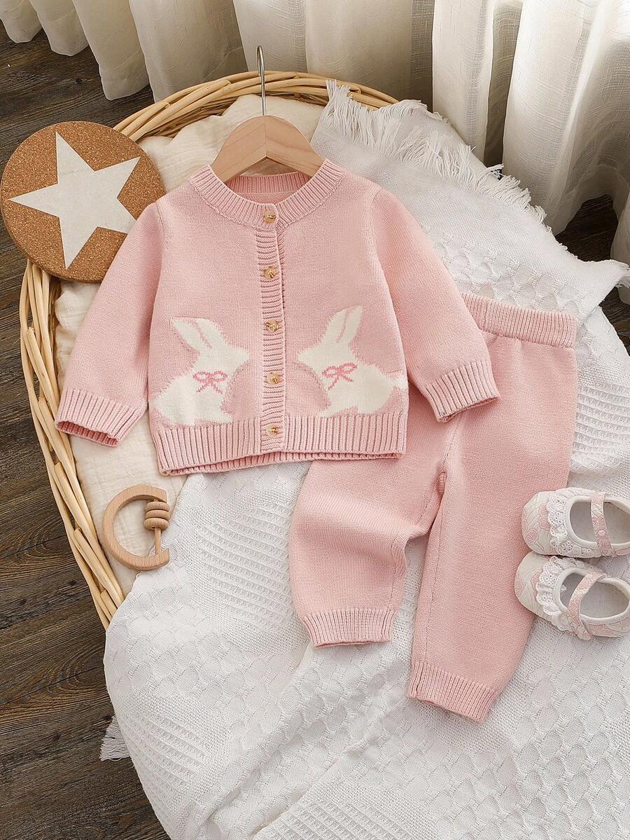 SHEIN Infant/Toddler Girls Rabbit Bow Pattern Long Sleeve Top And Pants Sweater Set Fall Winter - Baby Pink - View 1