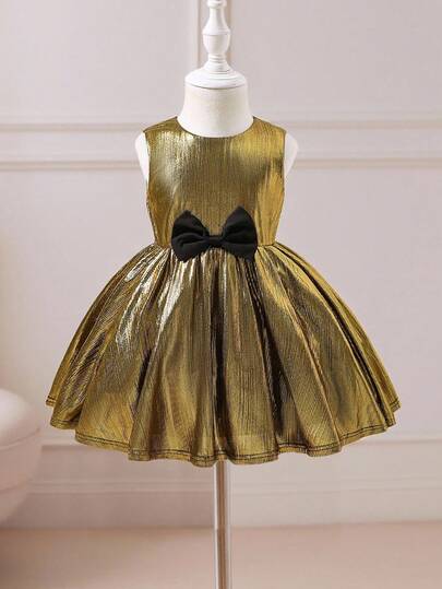 Glamorique Kids 女婴秋冬新款金属银色蝴蝶结装饰优雅派对无袖连衣裙