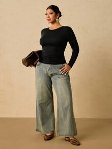 Freevana Plus Size Women Black Long Sleeve Round Neck Thermal Undershirt, Waist Ruched Tummy Control T-Shirt Long Sleeve Black Top Black Tops Curve Fitted Tops Women Long Sleeve Tops Plus Solid Color Ribbed Knit T Shirt/Fall/Winter Solid Color T Shirt Plus Size Top Cozy Fall And Winter Clothes For Women Elegant