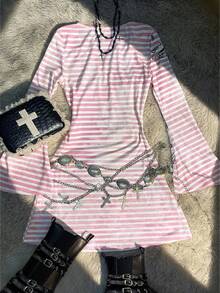 INAWLY 女式 Y2K 朋克天使翅膀 V 领修身粉色条纹喇叭袖连衣裙，节日礼物，时尚，垃圾摇滚，甜心摇滚，姐妹礼物，返校装，家庭礼物，适合送给朋友和家人的礼物 - 彩色 - 查看 2