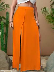 Travachic Plus M-Slit Thigh Solid High Waist Skirt - Orange - View 3