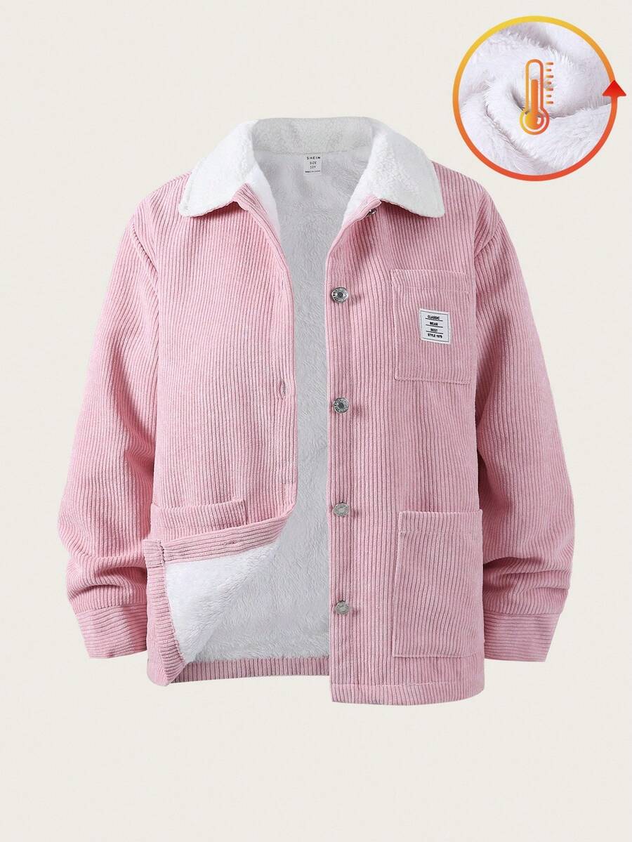 SHEIN Explorewe 女童休闲仿羊羔绒领夹克,适合秋冬季日常休闲外出和上学 - 粉色 - 查看 1
