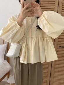 DAZY Áo cánh nữ tay bồng xếp ly cổ tròn giản dị, trang phục mùa thu - Màu be - Xem 9