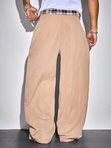 ROMWE MEN Prep Men's Loose Minimalist Plaid Ribbon Barrel Leg Pants, For Fall - Multicolor - View 2