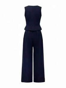 Sparklyn Teen Girls' Casual And Elegant Simple Commuter Style Top With Long Pants 2-Piece Set - Navy Blue - View 2