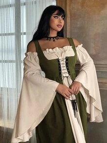 Lyrianda Plus Size Women Off Shoulder Long Sleeve Flare Sleeve Ruffle Elegant Vintage Cute Halloween Party Casual Holiday Colorblock Dress