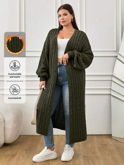 SHEIN Plus Size Casual Solid Color Long Cardigan, Autumn/Winter