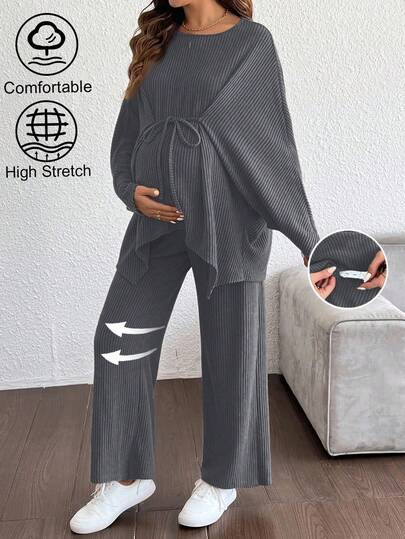 SHEIN 2 قطعة مجموعة حمل كاجوال: بلوزة تي شيرت طويلة الأكمام بأكمام خفافيش ذات خصر قابل للسحب وبنطال خصر قابل للتعديل، خريفي
