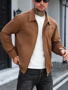 Manfinity Homme 男士拉链麂皮夹克，摩托车夹克，纯色，长袖，外出，休闲，男友礼物 男士休闲夹克 男士拉链夹克 男士棕色麂皮夹克 棕色夹克 男士飞行员夹克 抓绒 - 棕色 - 查看 7