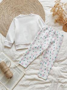 SHEIN 6 Monate-3 Jahre Baby Herbst Outfit für Mädchen 2 Stücke/Set, Lässig Stil Langarm-Oberteil & Blumen-Druck Lange Hose