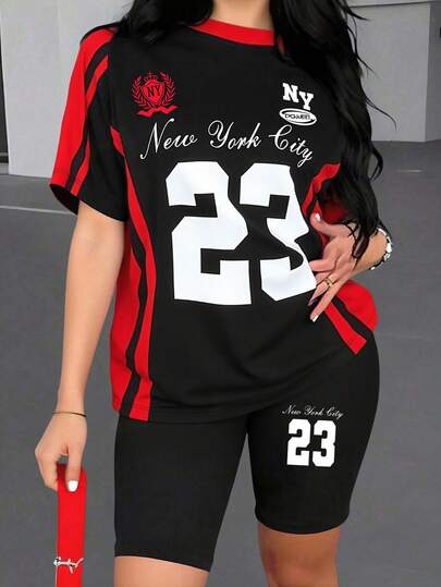 SHEIN 女士休闲创意数字 23 和字母标语印花 T 恤和骑行短裤套装纽约服装女式 Y2k 两件套女士运动衫套装女士运动衫 Y2k 运动衫 Y2k 纽约市服装女式 Y2k 女士服装女式两件套 23 球衣套装