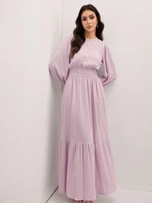 Veilorie Váy Abaya thời trang tay loe raglan cổ tròn màu trơn dành cho nữ bằng vải kết cấu - Màu Hồng baby - Xem 7