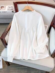 GlowEve CURVE Plus Size Women's Solid Color Frill Trim Round Neck Long Sleeve Button Design Casual Shirt - White - View 2