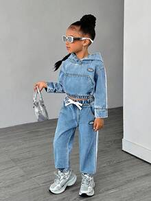 Sparklyn 女孩休闲牛仔运动衫和慢跑裤套装，柔软水洗百搭时尚运动街头风格，轻盈春秋 - 中等水洗藍 - 查看 4