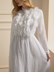 Revavyn 白色纹理面料法式优雅多层荷叶边领长袖束腰女式连衣裙 - 白色 - 查看 3