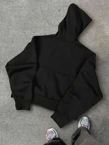 Manfinity Hypemode Men's Casual Short Hooded Cardigan Plain Hoodie Oversized Zip Up Hoodie Cropped Zip Up Men Boxy Double Zipper Hoodie - Black - View 5