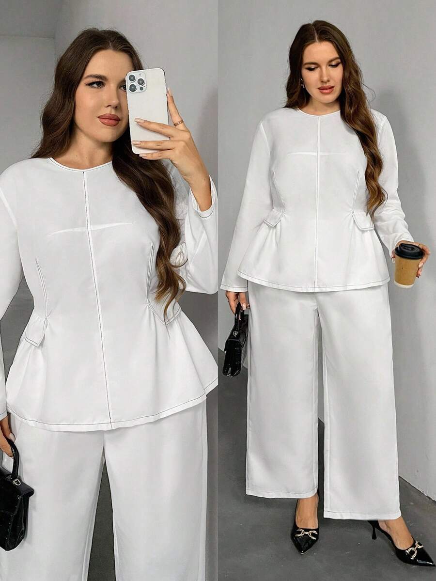 Firerie Plus Size Casual Solid Color Long Sleeve Top And Pants 2 Pieces Set, Suitable For Commuting, Autumn - White - View 1
