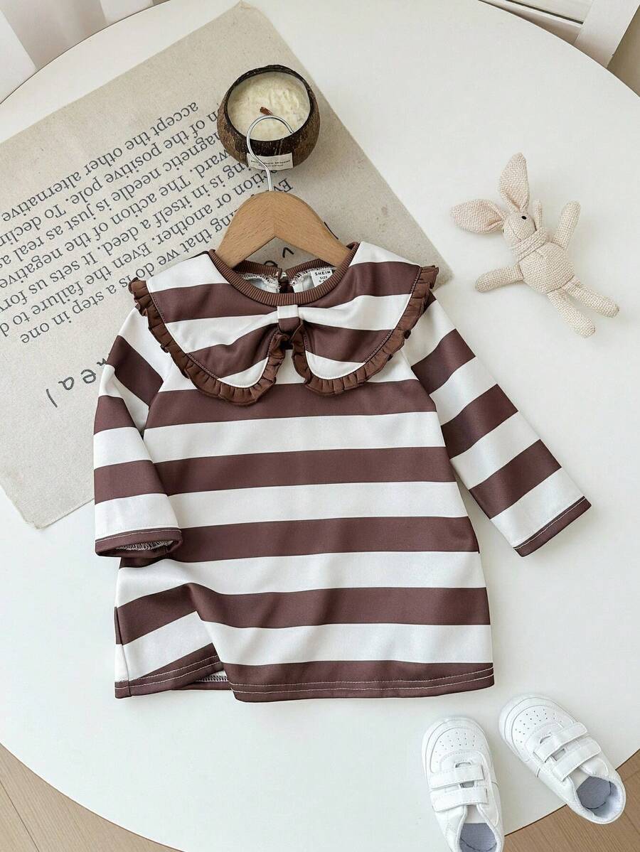 SHEIN Baby Girl Cute Casual Knitted Striped Peter Pan Collar Loose Long Sleeve Dress Fall Winter - Multicolor - View 1
