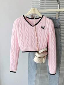 SHEIN 女童拼色长袖休闲毛衣 秋冬粉色毛衣 女童毛衣 可爱毛衣 女童蝴蝶结针织粉色毛衣 美观学院风服装 冬季圣诞节万圣节 幼儿开衫 秋季套头衫 - 粉色 - 查看 6