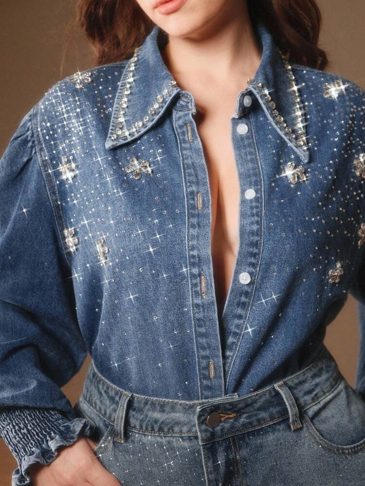 Elegant & Dignified Handcrafted Diamond Embellished Women's Blue Casual Denim Jacket