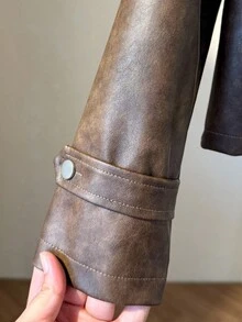 Stylish Modern Faux Leather Jacket, Suitable For Girls, Long Sleeve Outerwear Fall Winter - Brown - View 3