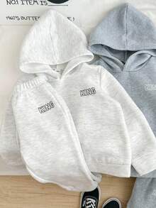 Genkimix Kids 2 件套年轻男孩时尚休闲轻便连帽运动衫和抽绳运动裤，适合日常运动和跑步，深灰色、浅灰色、海军蓝 - 彩色 - 查看 5