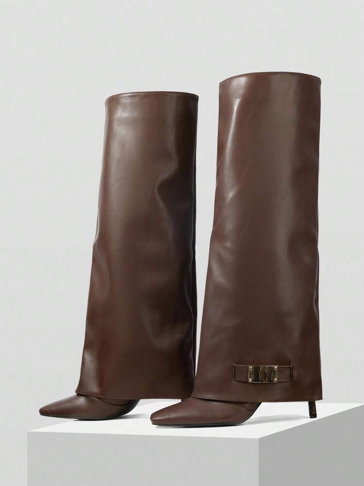 PLEATED PATENT LEATHER KNEE-HIGH RIDING BOOTS, SLIM TALL SHAFT STILETTO HEEL WOMEN BOOTS