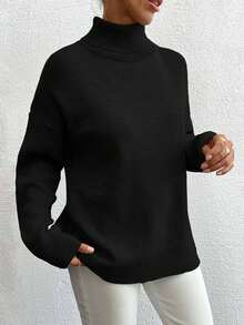 EURMUSE Áo len ngắn cổ lọ trơn màu thường ngày cho nữ, Thu/Đông - màu đen - Xem 4