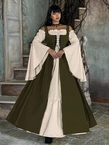 Lyrianda Plus Size Women Off Shoulder Long Sleeve Flare Sleeve Ruffle Elegant Vintage Cute Halloween Party Casual Holiday Colorblock Dress