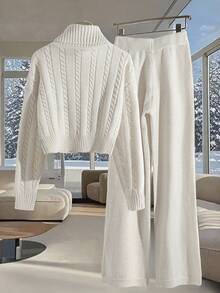 GlowEve Women's Bow Decor Turtleneck Long Sleeve Top And Drawstring Waist Pants Knit 2-Piece Set - Beige - View 2