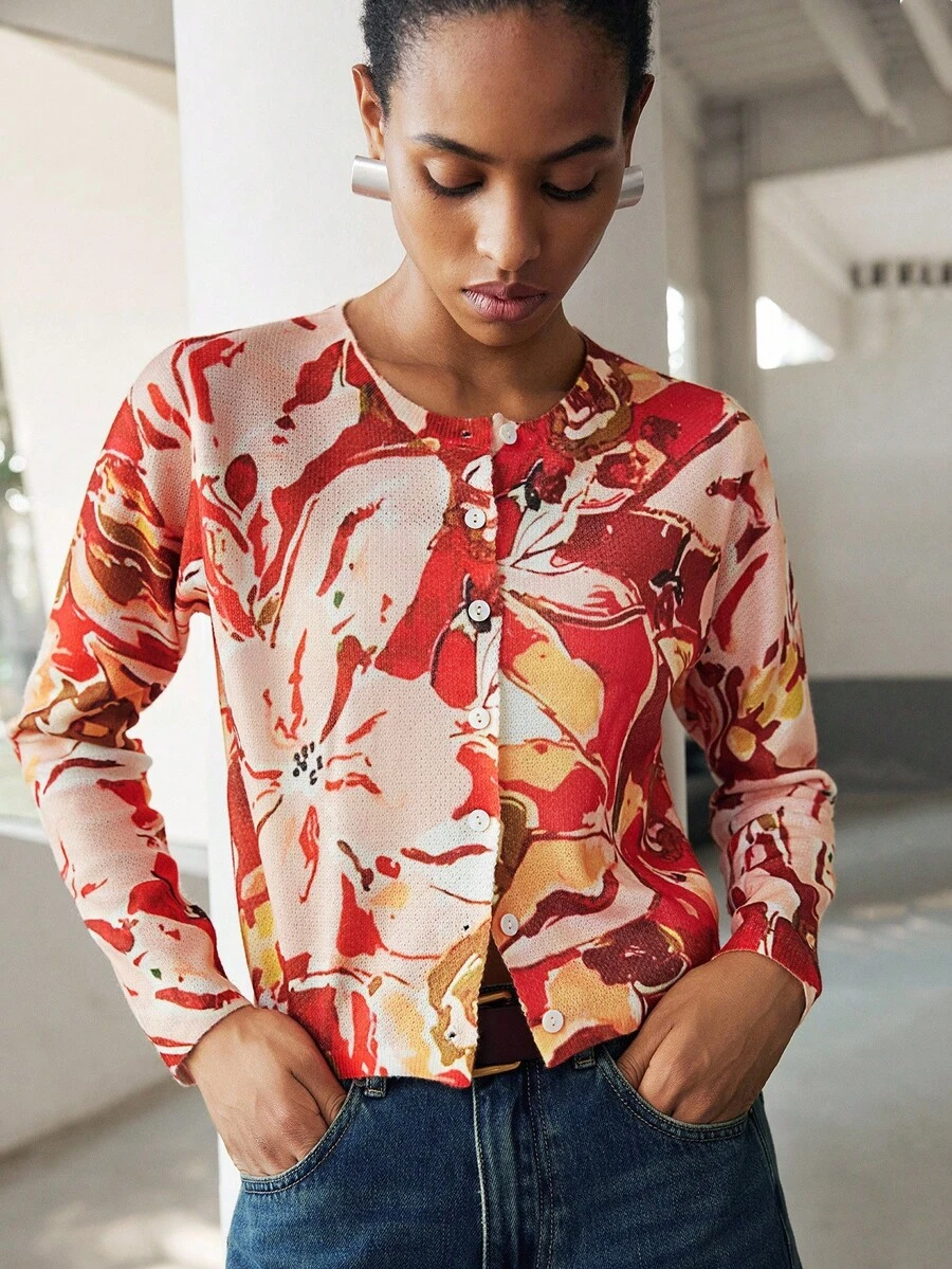 Lumivelle Cárdigan de mujer con cuello redondo y botón único, suéter corto de punto con estampado, primavera/otoño